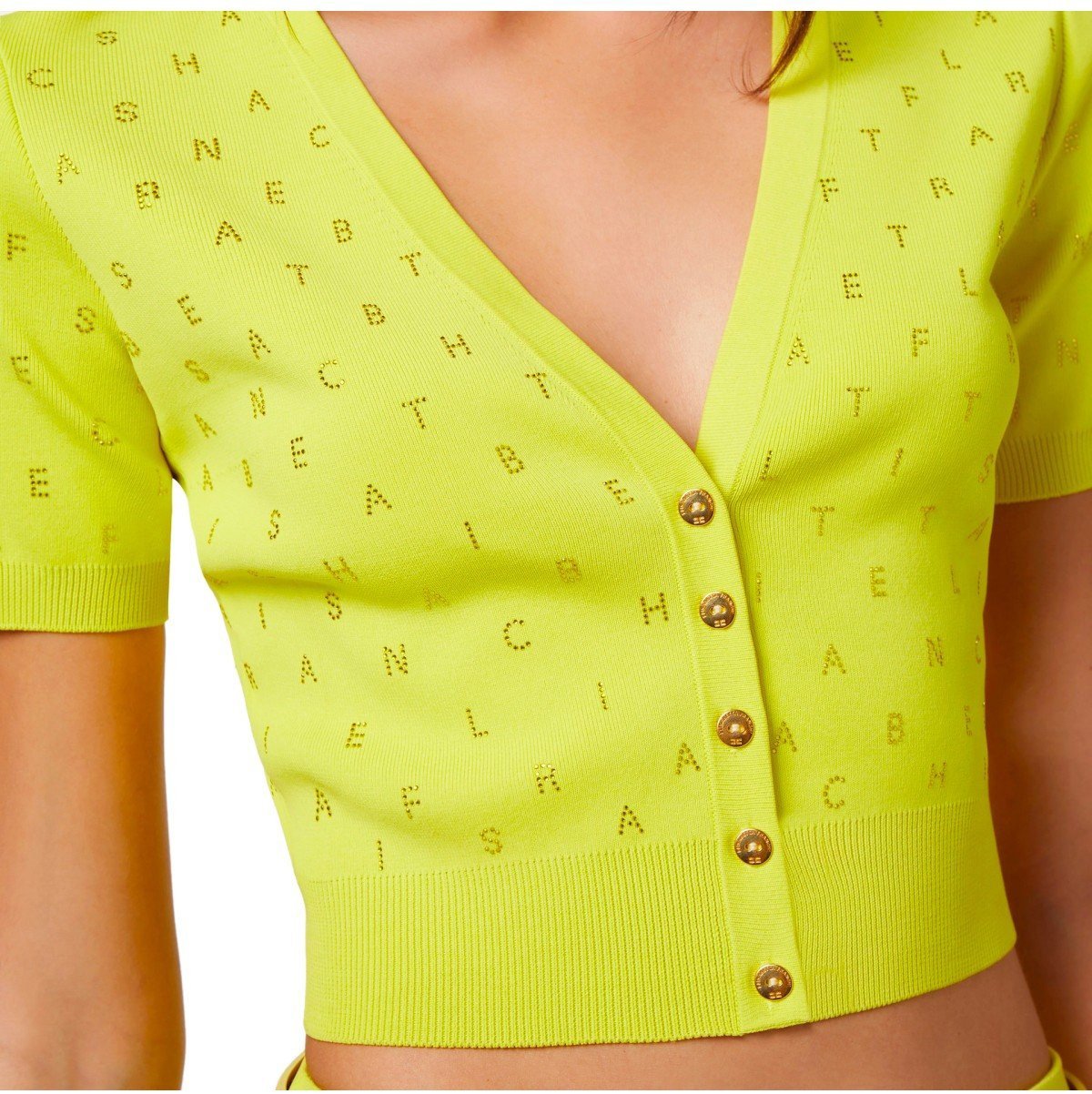 Elisabetta Franchi Cedar Cropped Cardigan With Rhinestones Yellow Geel