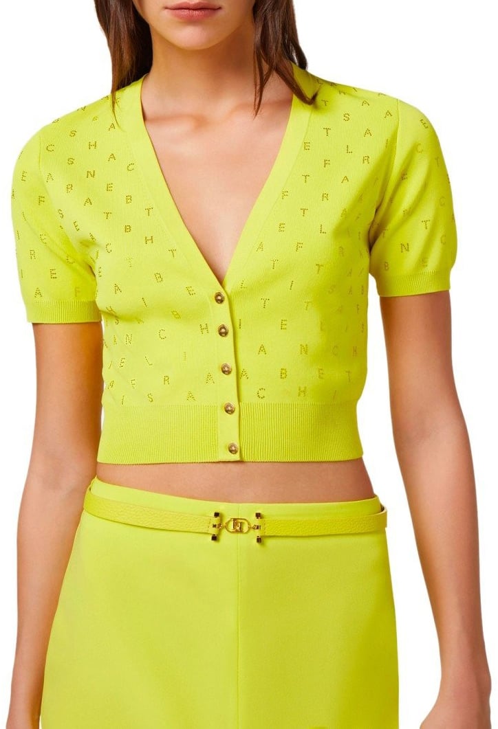 Elisabetta Franchi Cedar Cropped Cardigan With Rhinestones Yellow Geel