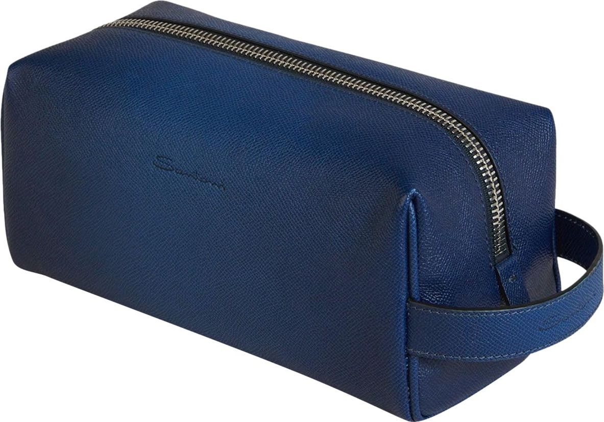 Santoni Leather Zipper Toiletry Bag Blauw