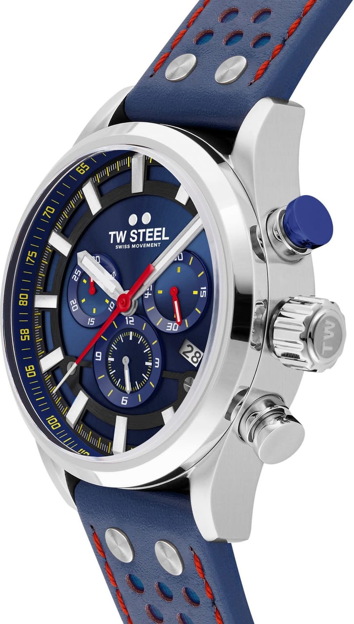 TW Steel TW Steel Horloge Heren SVS206 Staal 48mm met Blauwe Wijzerplaat en Blauw Leren Horlogeband Divers