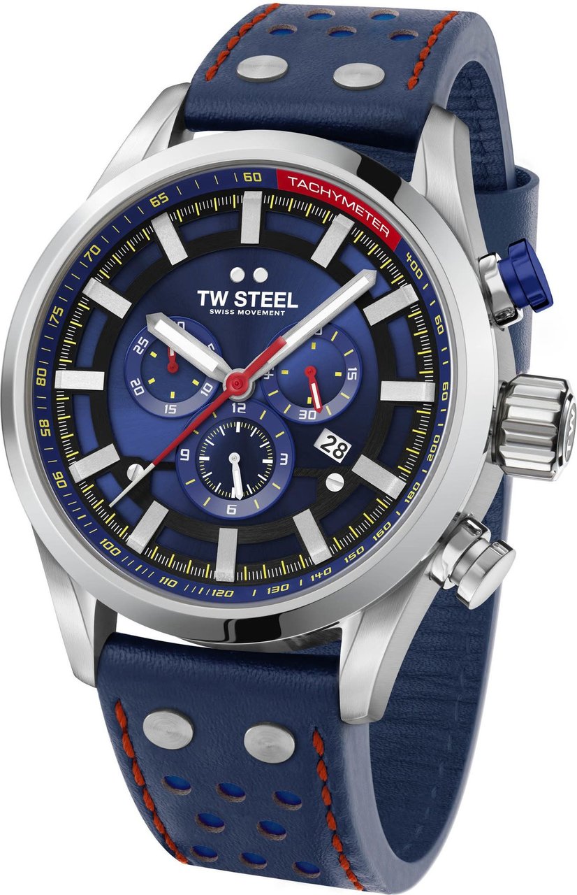 TW Steel TW Steel Horloge Heren SVS206 Staal 48mm met Blauwe Wijzerplaat en Blauw Leren Horlogeband Divers