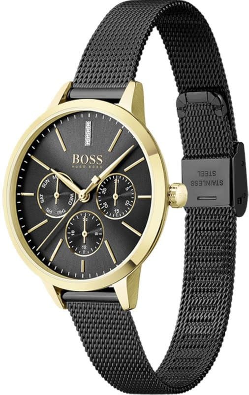 Hugo Boss BOSS Horloge Dames HB1502601 Staal Goudkleurig me Zwarte Band Chronograaf 38mm Divers