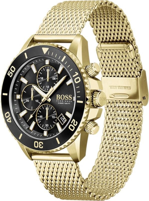 Hugo Boss BOSS Horloge Heren HB1513906 Staal Goudkleurig Chronograaf met Idem Mesh Band en Zwarte Wijzerplaat Divers