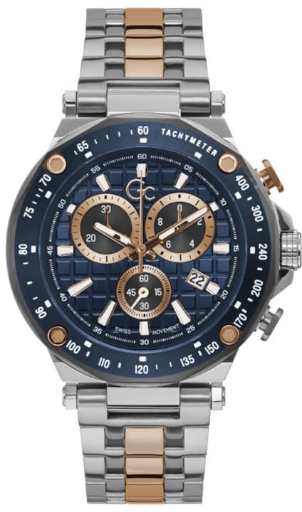 GC GC Heren Horloge Y81003G7MF Staal Bi-color Swiss Made Quartz Chronograaf met Blauww Wijzerplaat Divers