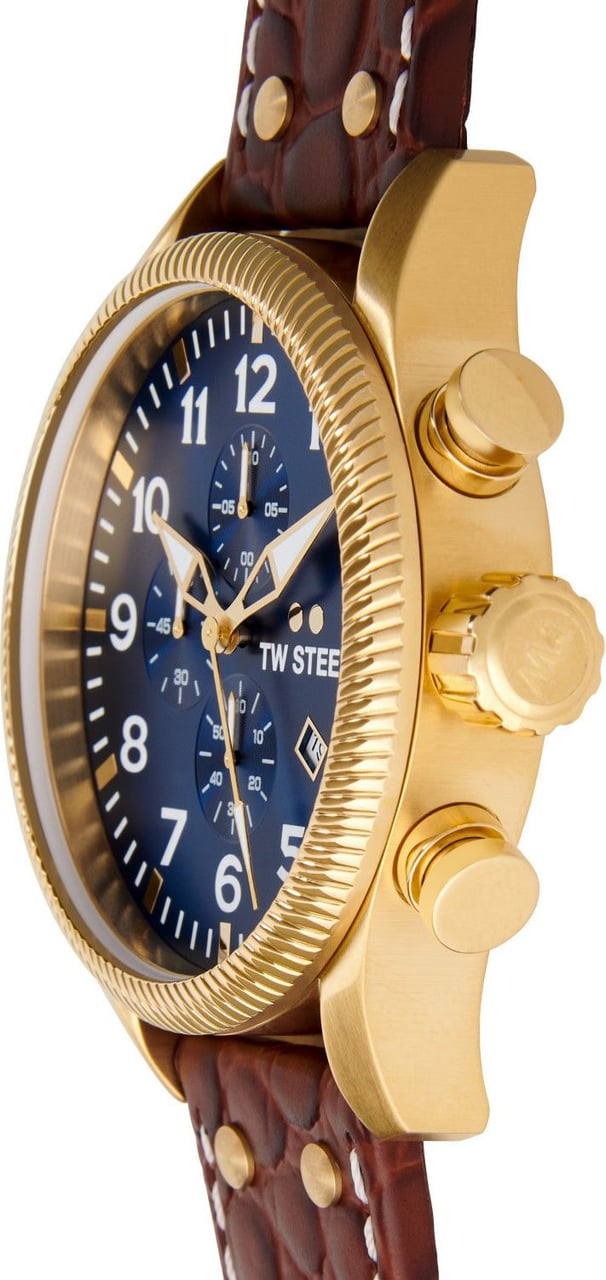 TW Steel TW Steel Horloge Heren VS114 Geelgoud Plating Kast en Donkerblauwe Wijzerplaat en Bruine Croco Horlogeband Divers