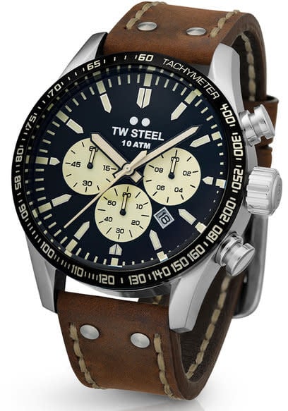 TW Steel TW Steel Horloge Heren VS120 Staal Chronograaf met Zwarte Wijzerplaat en Bruine Leren Horlogeband Divers