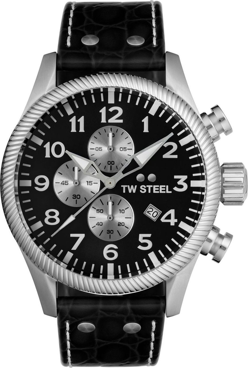 TW Steel TW Steel Horloge Heren VS110 Staal Chronograaf 48mm met Zwarte Wijzerplaat en Zwarte Croco Horlogeband Divers