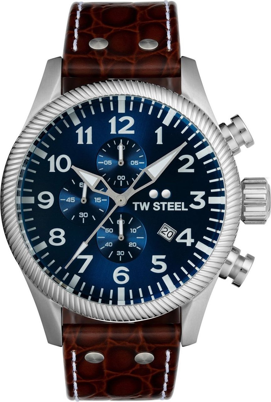 TW Steel TW Steel Horloge Heren VS111 Staal Chronograaf met Blauwe Wijzerplaat en Bruine Croco Horlogeband Divers
