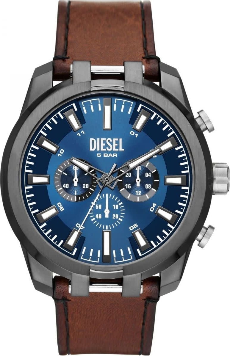 Diesel Diesel Heren Horloge DZ4643 Staal met Zwarte Coating Blauwe Wijzerplaat en Bruine Leren Horlogeband 51mm Divers