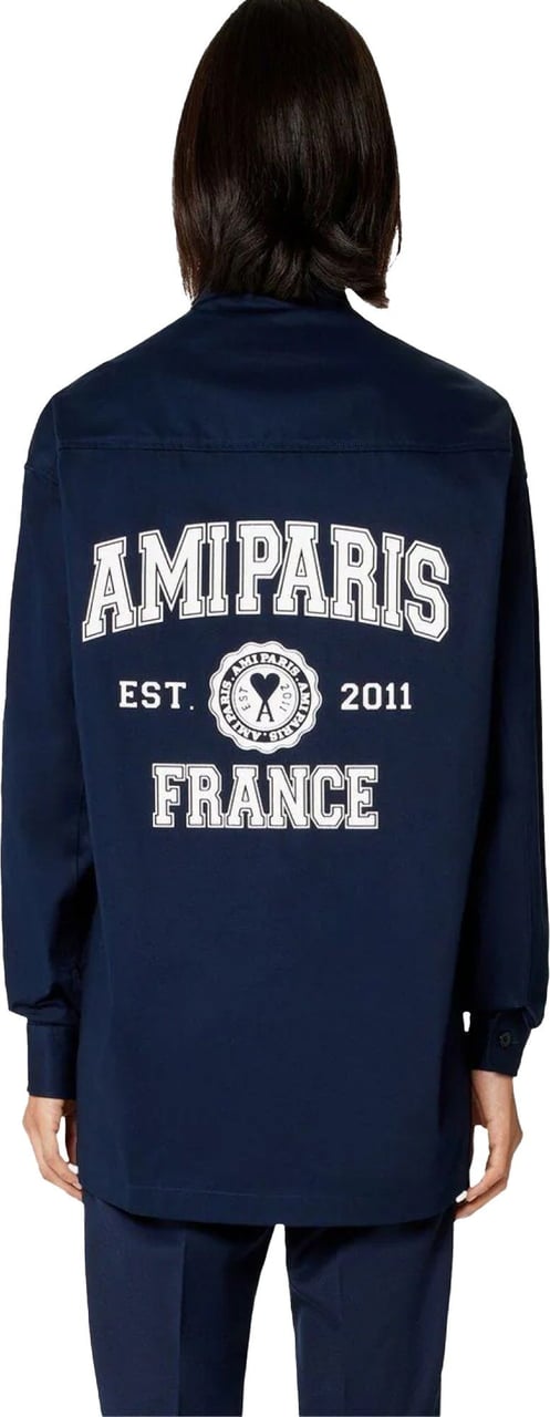 AMI Paris Logo Printed Overshirt Blauw