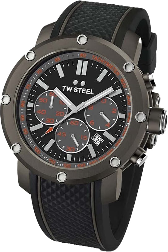 TW Steel TW Steel Horloge TS4 Grandeur Tech Collection Staal Titaniumkleurig met Rubberen Band Quartz Swiss Made Chronograaf 48mm Divers