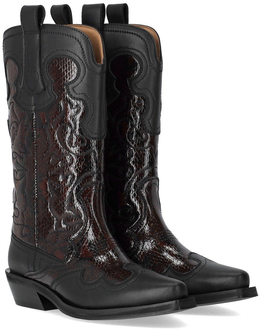 Ganni GANNI REPTILE EFFECT TEXAN BOOT Zwart