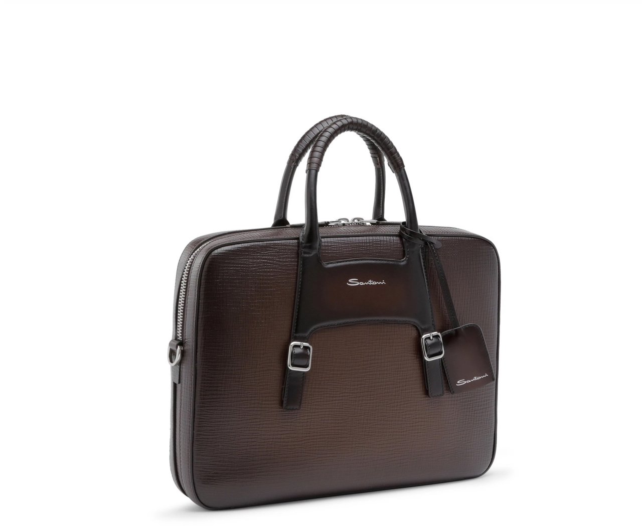 Santoni Brown Embossed Leather Briefcase Bruin