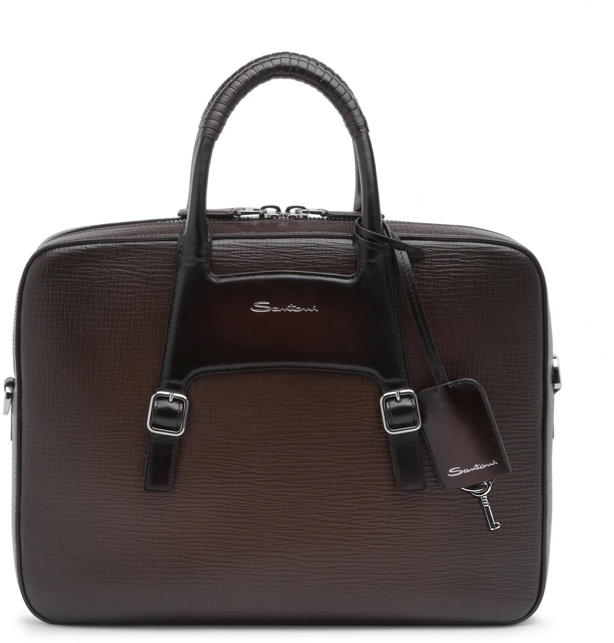 Santoni Brown Embossed Leather Briefcase Bruin