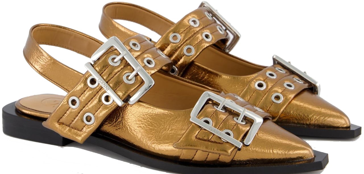 Ganni Dames Chunky Buckle Ballerina Brons Metallic