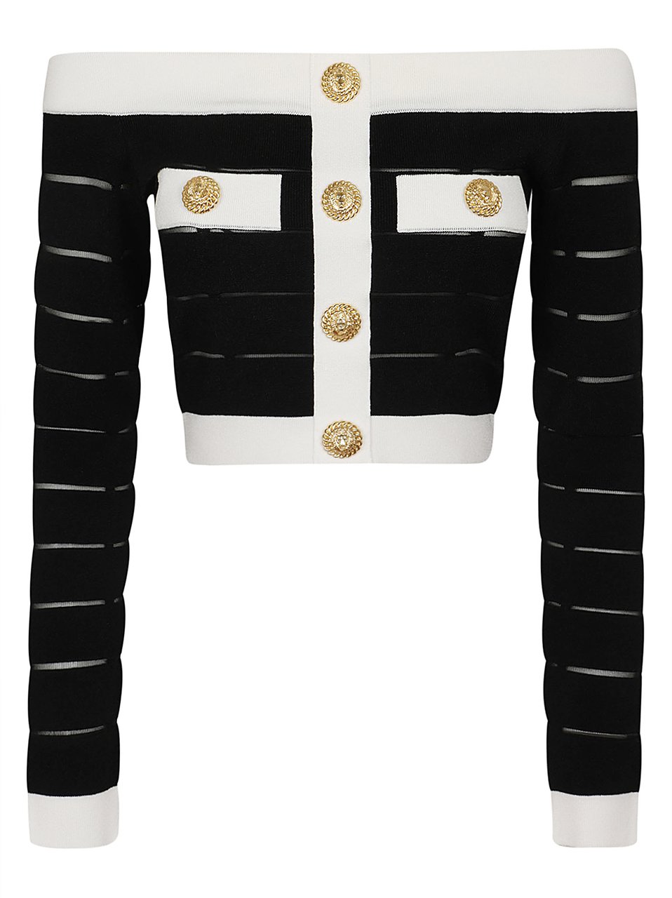 Balmain ls off shoulder buttoned knit crop Zwart