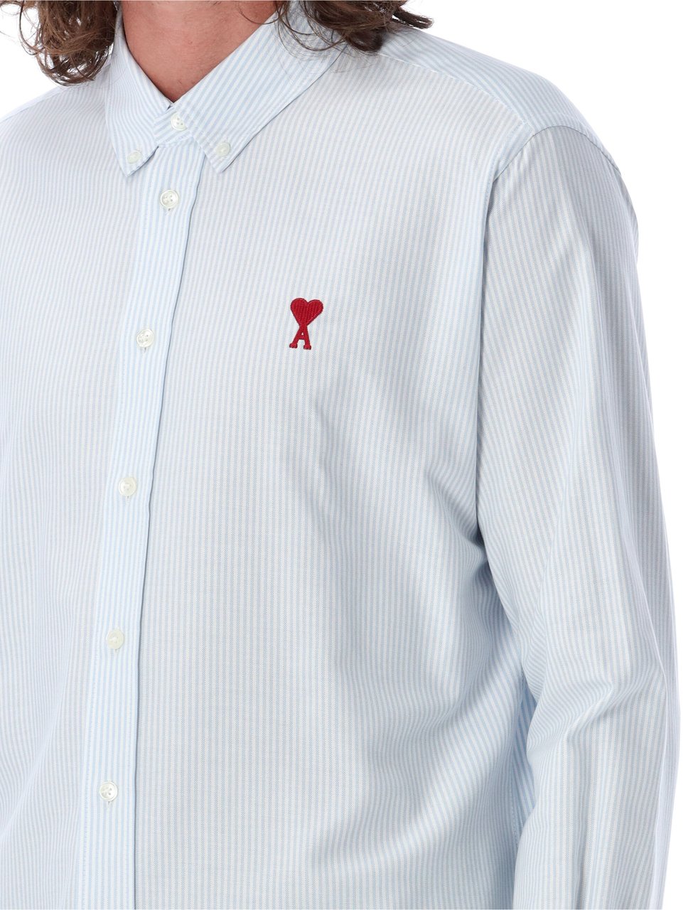 AMI Paris Red Adc Oxford Shirt Light Blue White Blauw
