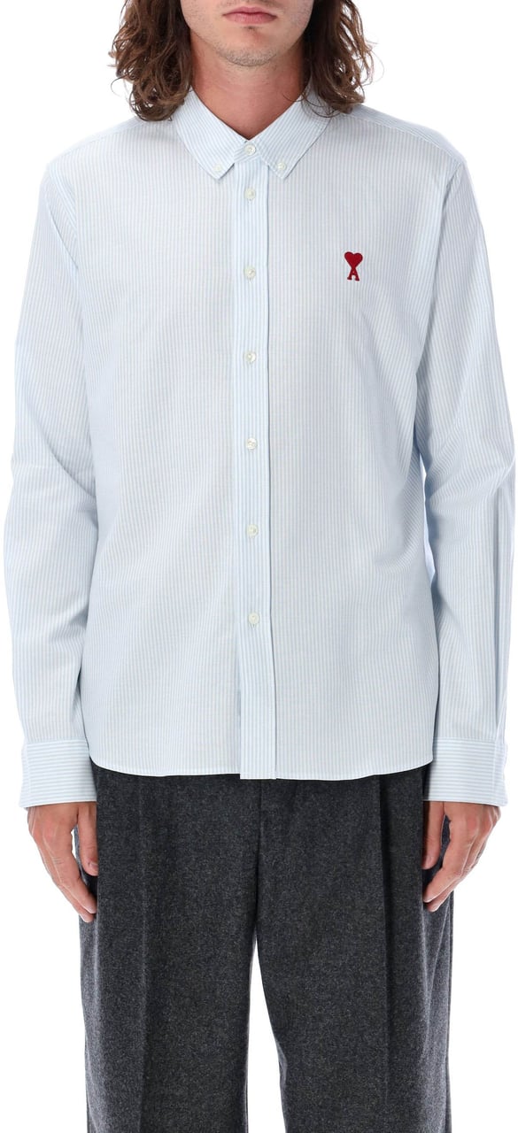 AMI Paris Red Adc Oxford Shirt Light Blue White Blauw