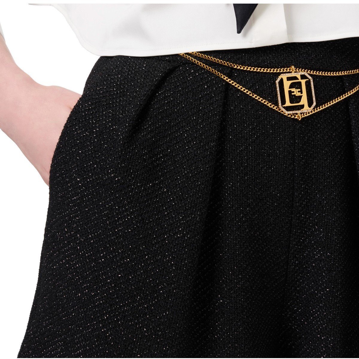 Elisabetta Franchi Black Tweed Shorts With Chain Black Zwart