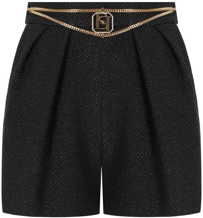 Elisabetta Franchi Black Tweed Shorts With Chain Black Zwart