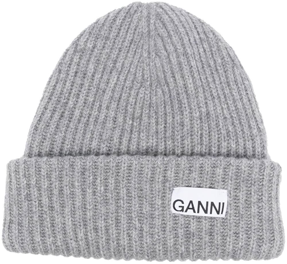 Ganni Mélange Grey Oversize Ribbed Beanie Gray Grijs