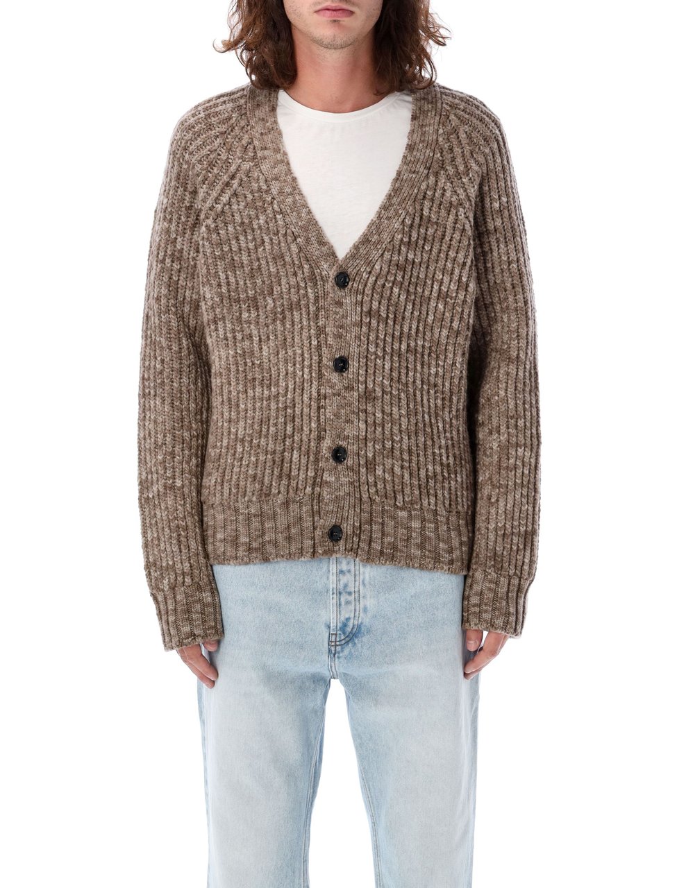 AMI Paris RIBBED CARDIGAN CROP Beige