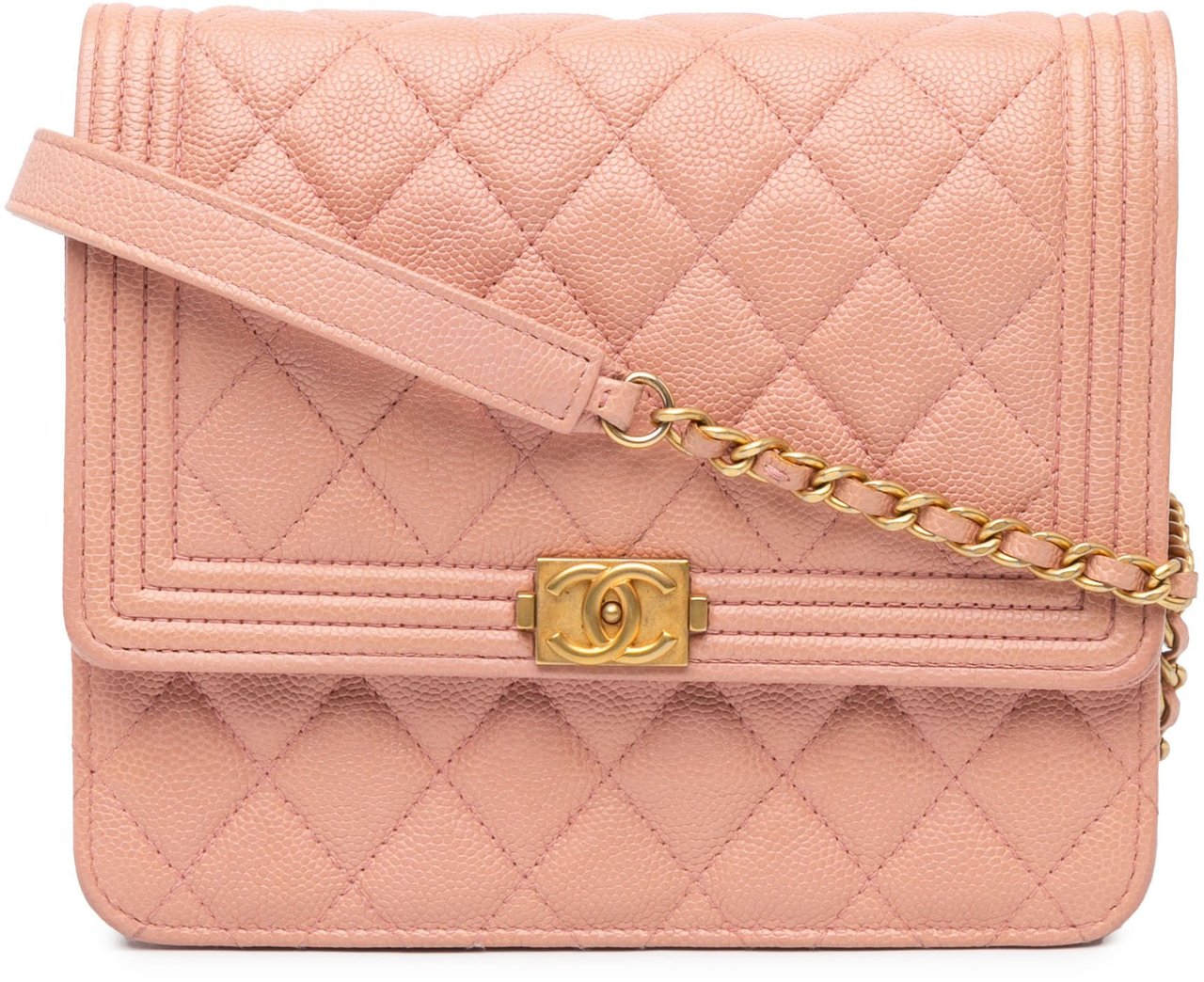Chanel Quilted Caviar Square Boy Wallet On Chain Roze