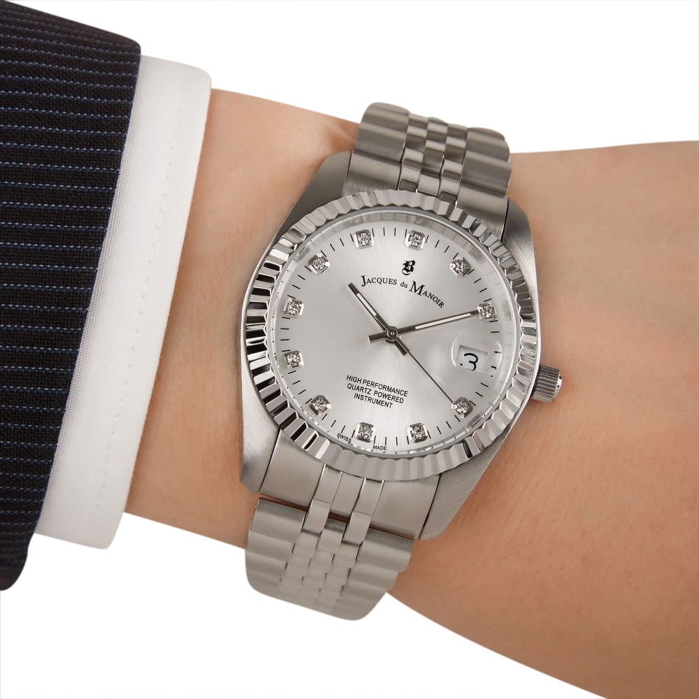 Jacques du Manoir Jaques du Manoir NR0.01 horloge dames staal met staalgrijze wijzerplaat bezet met zirconia Divers