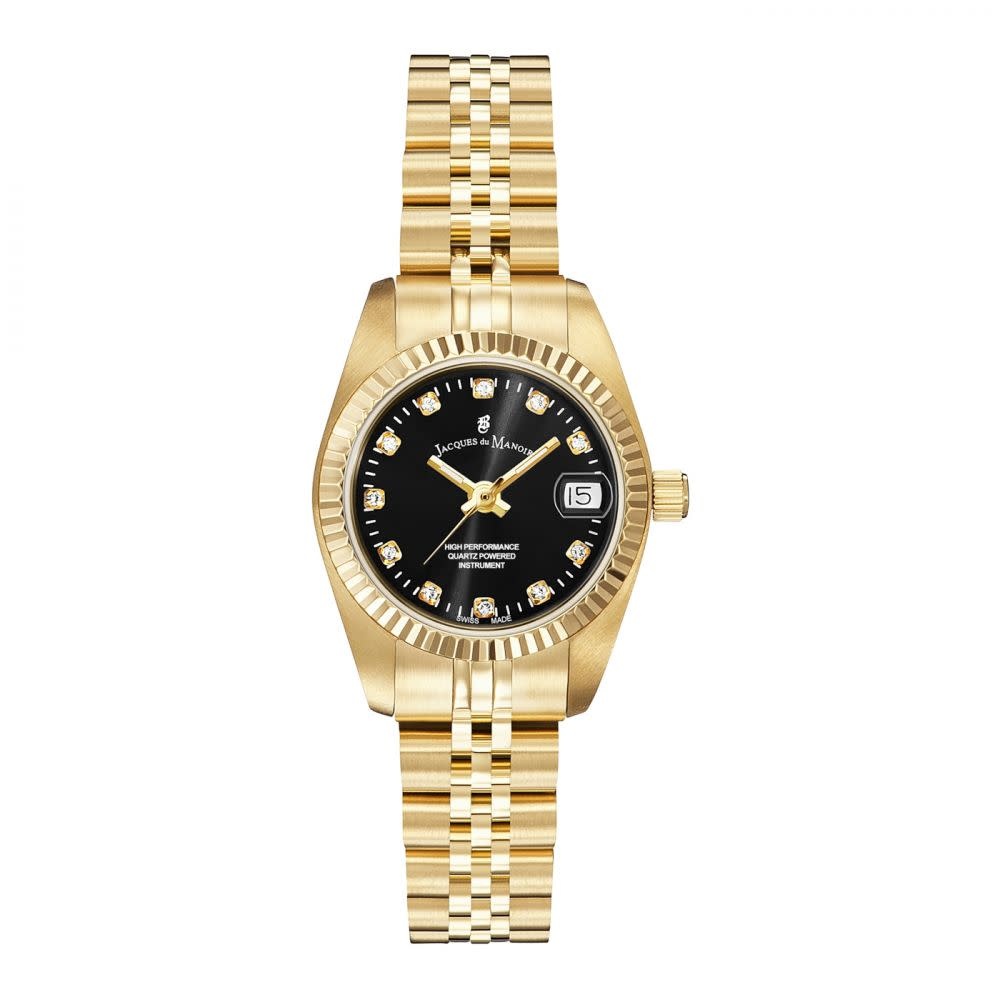 Jacques du Manoir Jacques du Manoir Horloge NRO.22 Staal met Geelgouden Plating en Zwarte Wijzerplaat met Zirkonia 26mm Divers