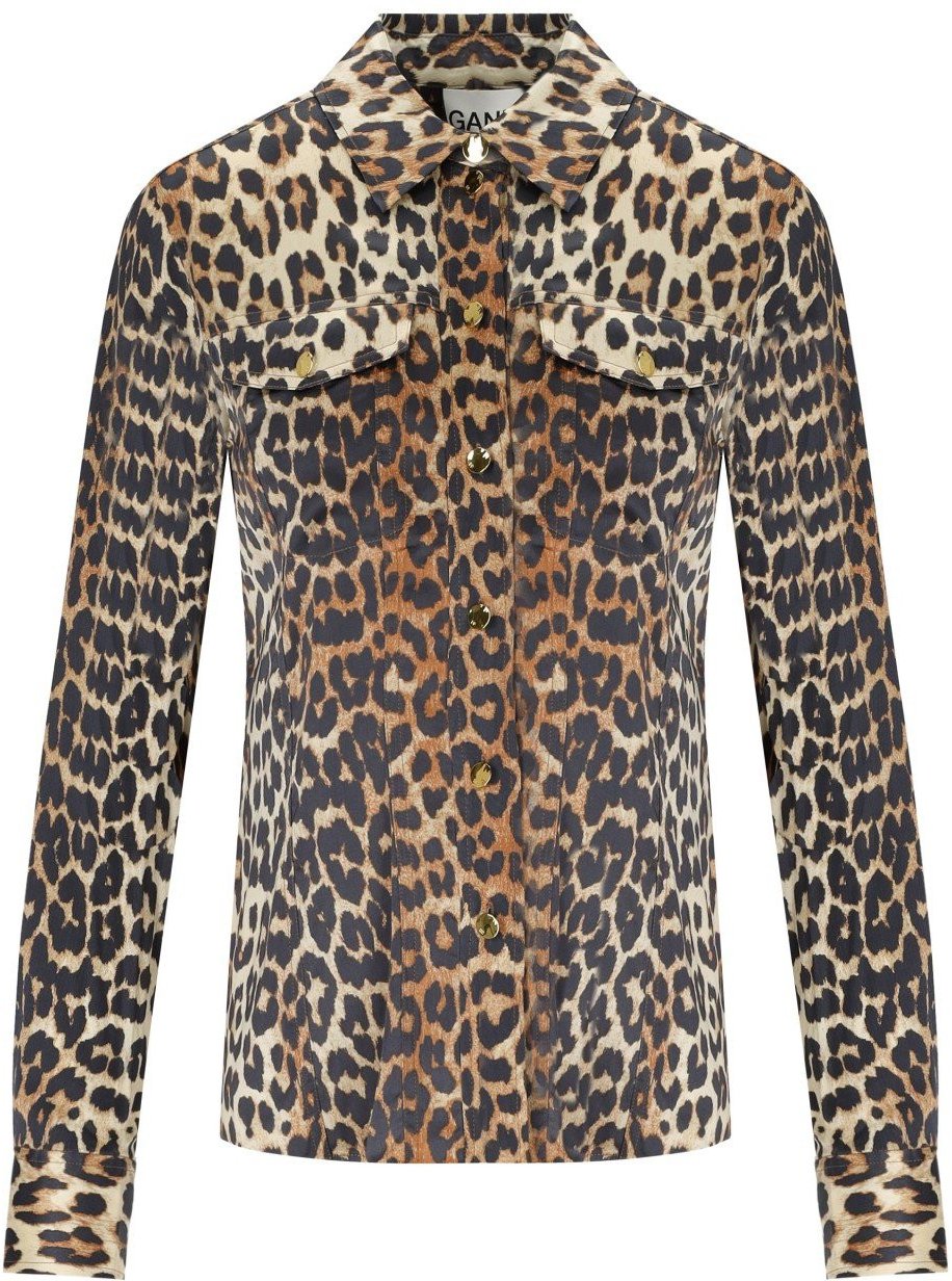 Ganni GANNI ANIMALIER SATIN SHIRT Beige