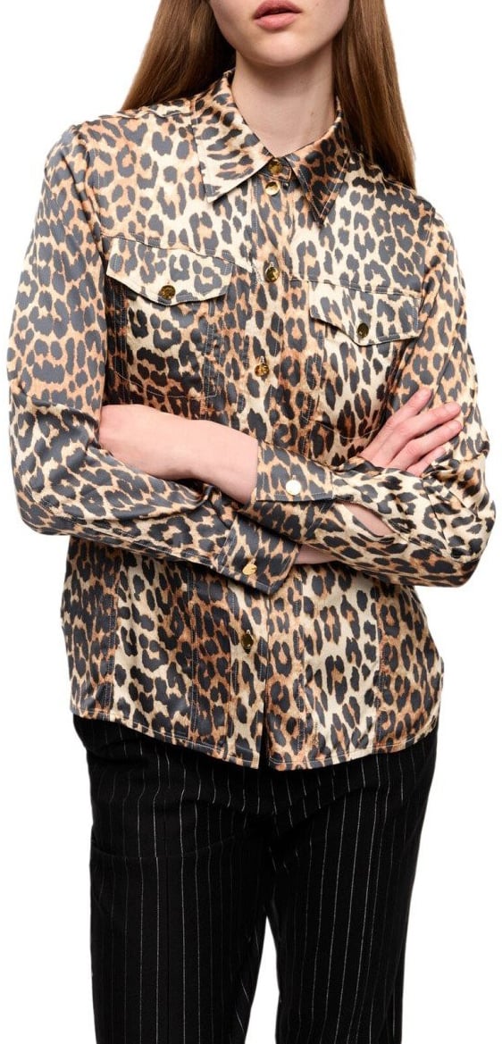Ganni GANNI ANIMALIER SATIN SHIRT Beige