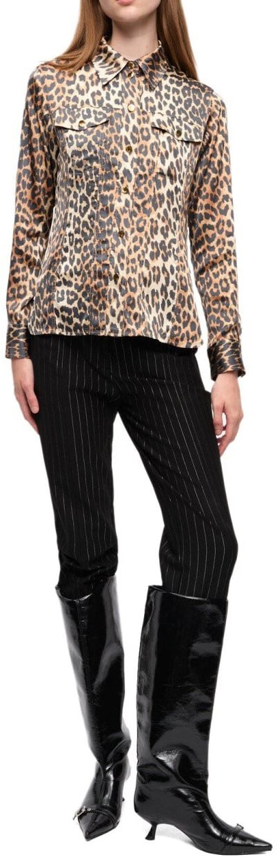Ganni GANNI ANIMALIER SATIN SHIRT Beige