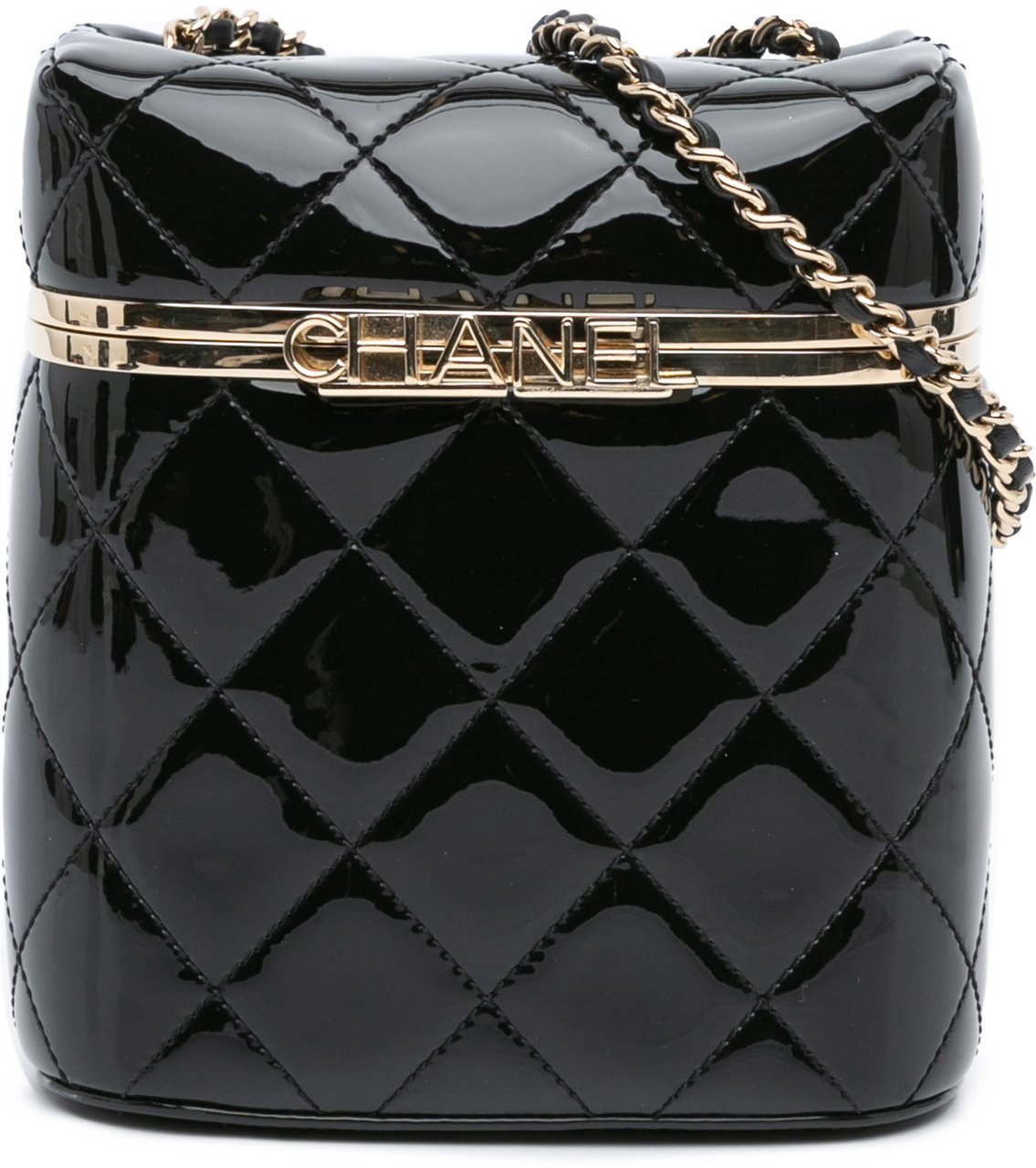 Chanel Quilted Patent Logo Chain Vanity Case Zwart