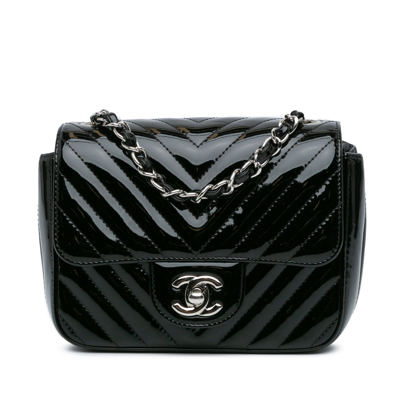 Chanel Mini Square Classic Chevron Patent Flap Zwart
