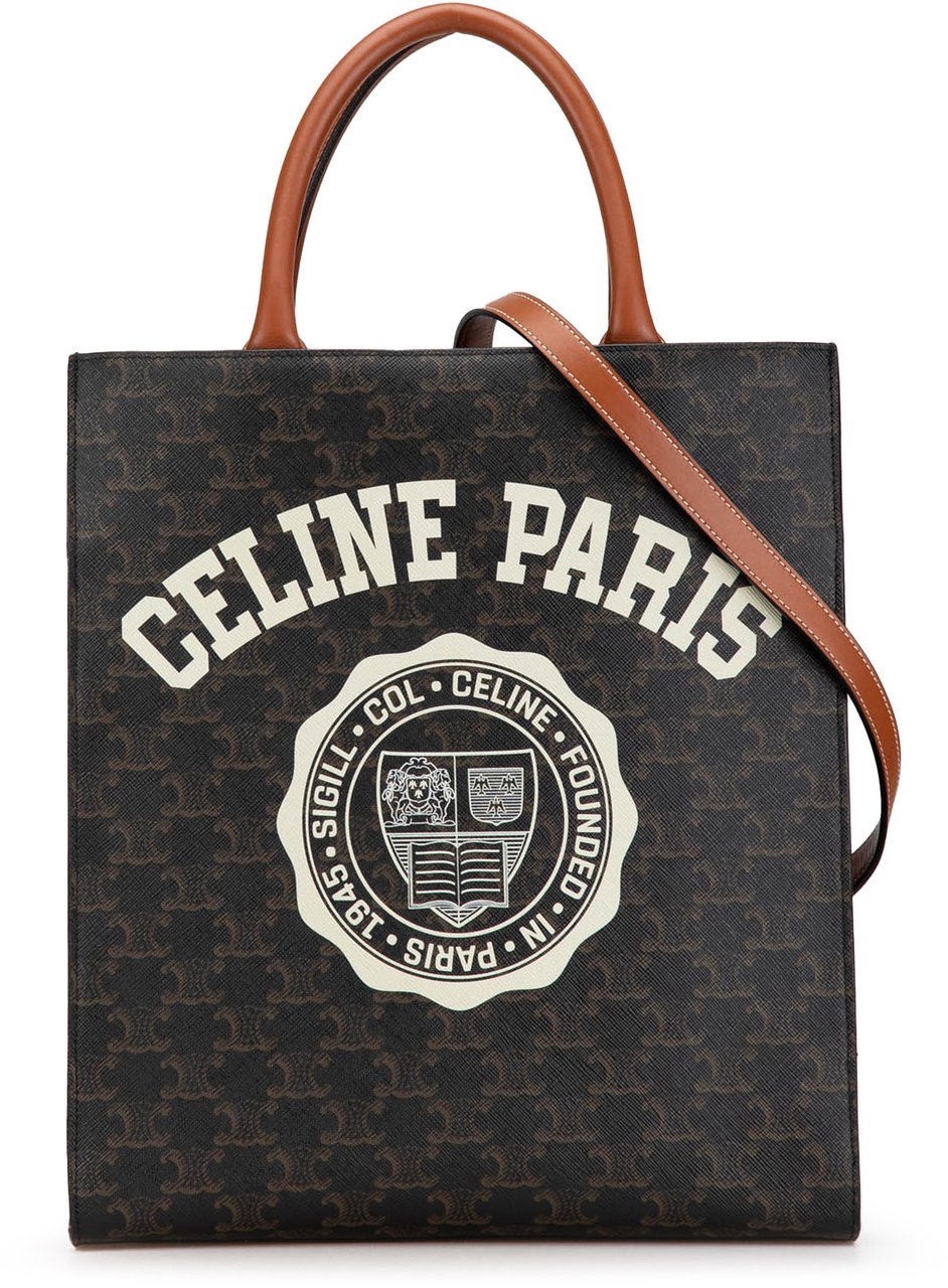 Celine Small Paris Print Triomphe Coated Canvas Vertical Cabas Tote Bruin