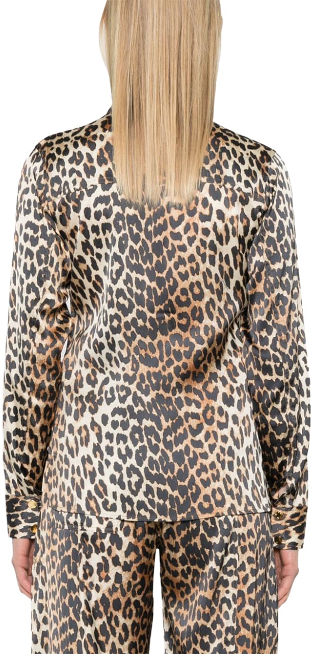 Ganni GANNI ANIMALIER SATIN SHIRT Beige