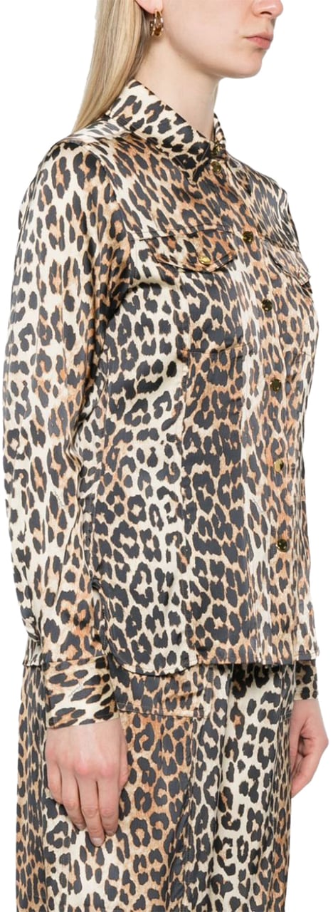 Ganni GANNI ANIMALIER SATIN SHIRT Beige
