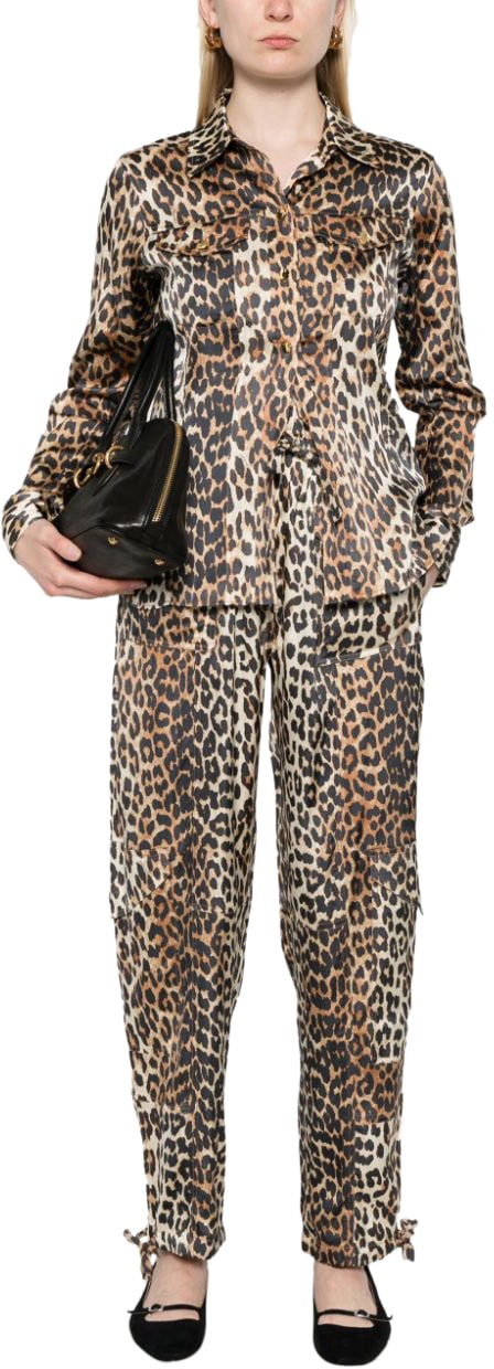 Ganni GANNI ANIMALIER SATIN SHIRT Beige