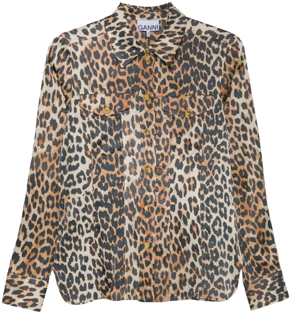 Ganni GANNI ANIMALIER SATIN SHIRT Beige