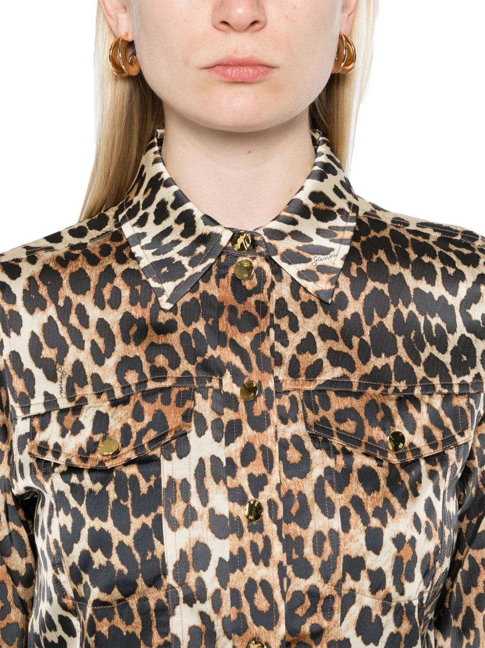 Ganni GANNI ANIMALIER SATIN SHIRT Beige