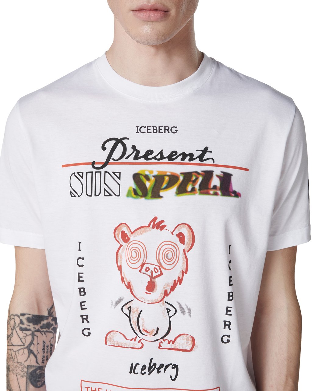 Iceberg White regular fit cotton T-shirt with maxi multicolor Bear print Wit