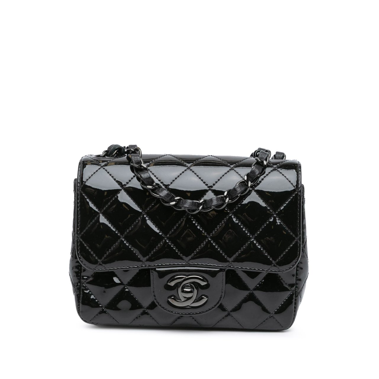 Chanel Mini Square Classic Patent So Black Single Flap Zwart