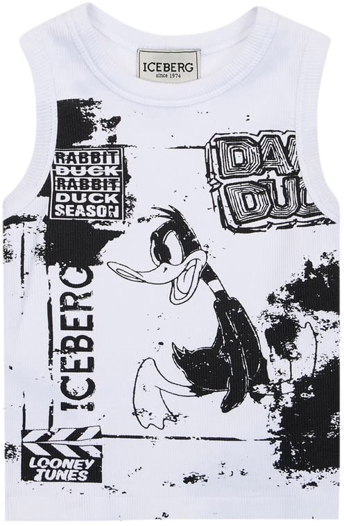 Iceberg KIDS - White Jersey Crew Neck Tank Top with Contrast Prints and Lettering Wit