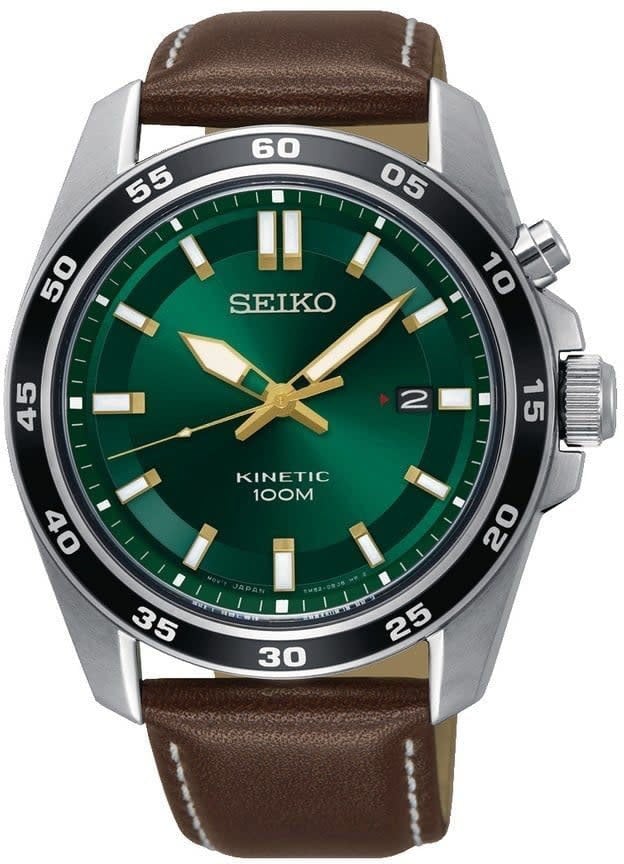 Seiko HEREN KINETIC STAAL BRUIN LEER GROEN 100M WR SKA791P1 Zilver