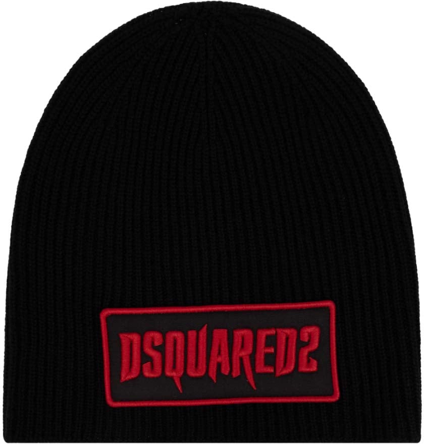 Dsquared2 Gothic Logo Patch Knit Wool Beanie Zwart