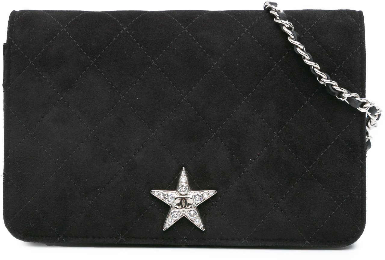 Chanel Quilted Suede Cocostellar Wallet on Chain Zwart