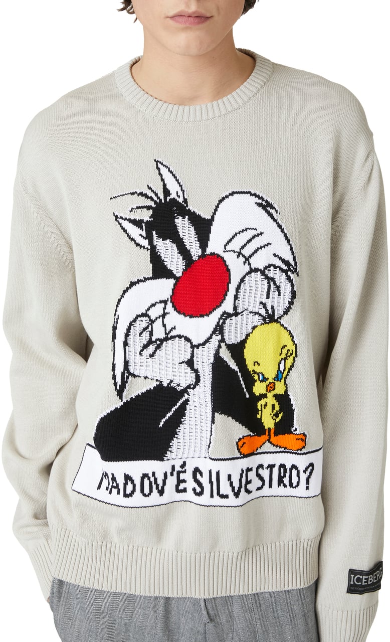 Iceberg Cotton crewneck ice colored sweater with cartoon and jacquard inlays Wit