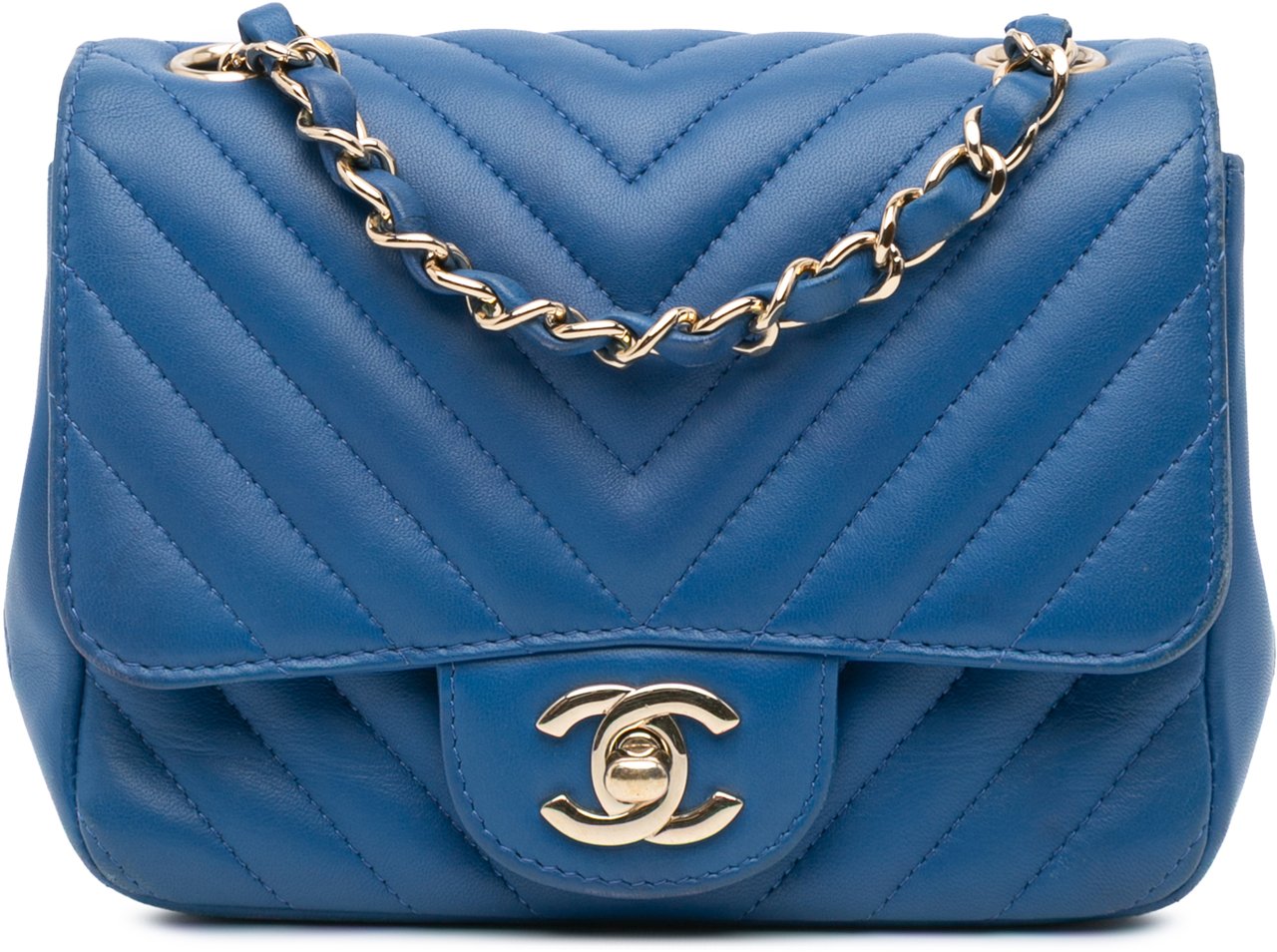 Chanel Mini Square Classic Chevron Lambskin Single Flap Blauw