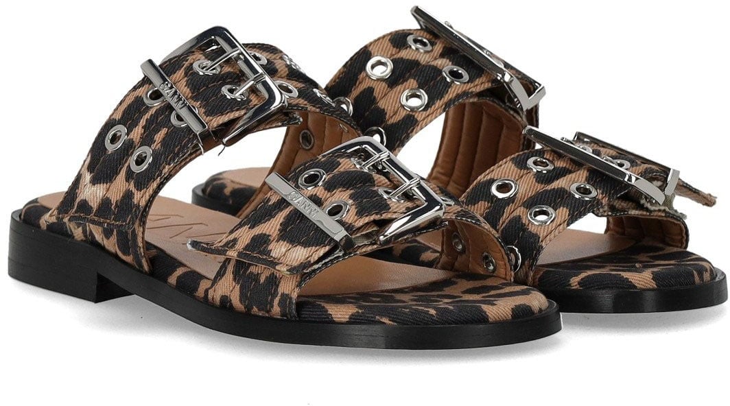 Ganni GANNI ANIMALIER FLAT SANDAL WITH BUCKLES Bruin