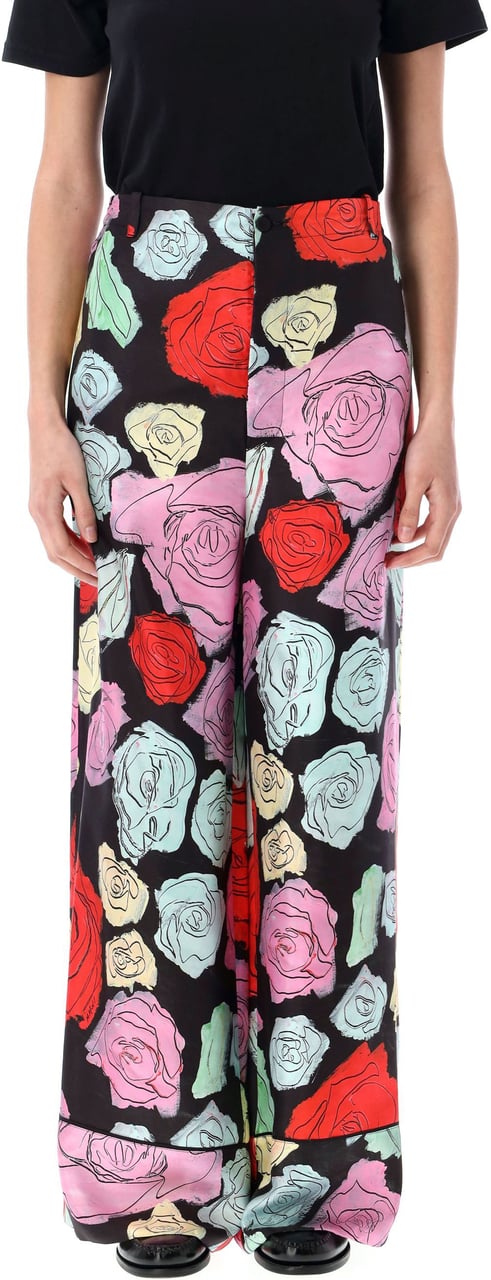 Marni Pijama Pant Silk Twill Roses Black Multi Rose Blauw